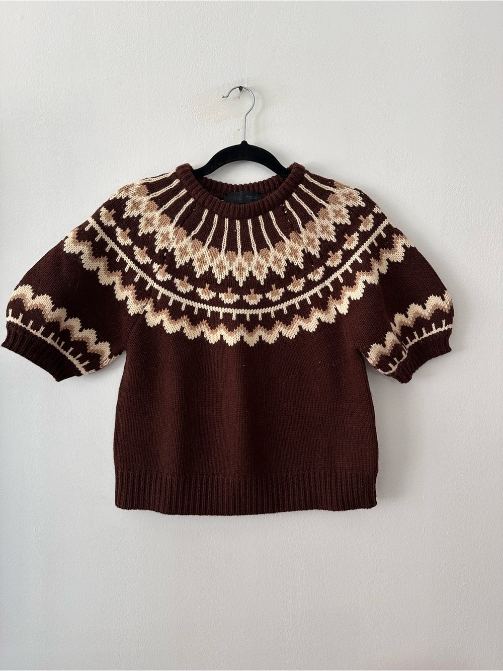 Zara short sleeve jacquard knit sweater brown/ tan size S